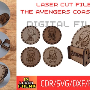 De Avengers, superhelden. LASER snijvijl 3mm. svg, cdr, dxf, ai en pdf. Avengers-onderzetters