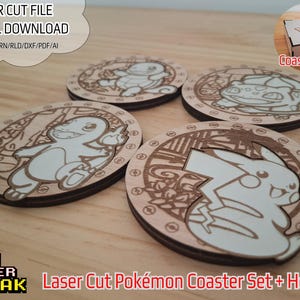 Zestaw podstawek Pokémon wycinanych laserowo + uchwyt. Plik wycinany laserowo .svg/lbrn/cdr/dxf/rld/pdf/ai Zestaw podstawek Pokémon + pudełko