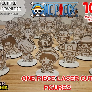 Pacote com 101 figuras de mangá e anime One Piece, cortadas a laser. Arquivo de corte a laser .svg/lbrn/cdr/dxf/rld/pdf/ai Figuras One Piece com base.