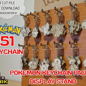Pokemon +150 Pack Keychain + Display Stand. Archivo corte LASER .svg/lbrn/cdr/dxf/rld/pdf/ai LLaveros Pokemon + exhibidor