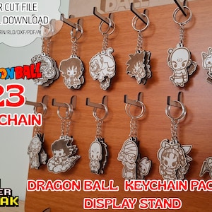 Pacote de chaveiros de anime e mangá DB + suporte de exposição. Arquivo de corte a laser .svg/lbrn/cdr/dxf/rld/pdf/ai Chaveiros de anime + display