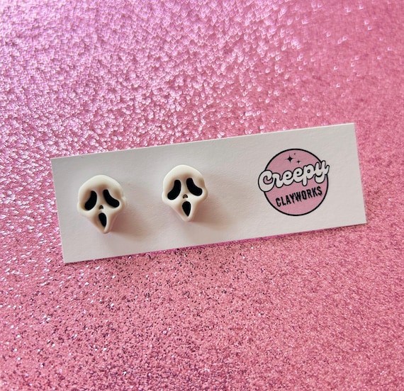 Spooky Ghost Face Clay Stud Earrings - Ghost Face, Ghost, Scream - Handmade - 6mm Stud