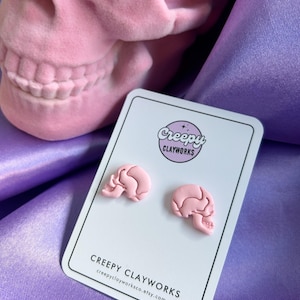 Pink Skulls Clay Earrings - Bubble Gum Pink, Skull, Pastel Goth - Handmade - 6mm Studs