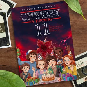 May include: A birthday party invitation with the text "Chrissy is turning 11" and a group of cartoon children. The invitation is on a wooden surface with cassette tapes and green leaves.