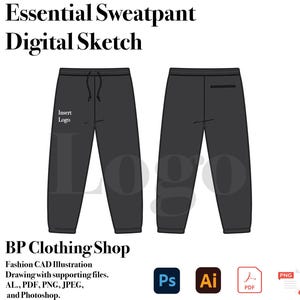 Sweatpant Vector Drawing Sketch, Streetwear Jogger Tech Drawing, Streetwear Tech Pack Template Fashion Flat Clothing Mock Sweatpant Vector
