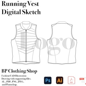 Op de afbeelding: Lijntekening van een hardloopvest met een rits aan de voorkant. Het vest heeft een gewatteerd ontwerp. De afbeelding is gelabeld met "Running Vest Digital Sketch" en "BP Clothing Shop".