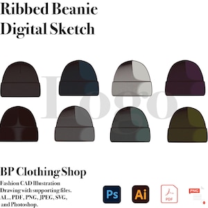 Puede incluir: Croquis digital de un gorro de punto de canalé en ocho combinaciones de colores diferentes. El gorro es un accesorio de invierno para la calidez y el estilo. La imagen incluye el texto "Ribbed Beanie Digital Sketch" y "BP Clothing Shop".