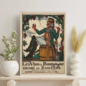 Les Vins de Bourgogne Poster Vintage French Wine Art Print Retro Kitchen Bar Decor Burgundy Wine Advertising Poster No Frame