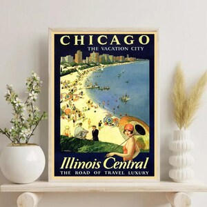 Chicago Travel Poster, Illinois The Vacation City Print, Train Travel Art Print , United States Tourism Wall Decor, Chicago beach, Unframed