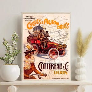 Cycles Automobiles Paris Tour Poster Vintage French Ad Retro Car Print Tour Dijon Cottereau France French Vintage Travel Wall Art Unframed