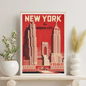 Vintage New York City Skyline Travel Poster Retro Urban Landscape Print Wall Art Cityscape Home Decor Architecture Artwork No Frame