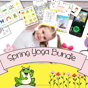 May include: A pink banner with the text "Spring Yoga Bundle" in black font. A green frog with a thumbs up is in the bottom left corner. A girl is doing a yoga pose in the background. The image has a yellow background with flowers and a butterfly.