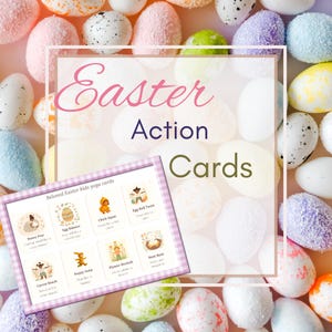 May include: An image of Easter Action Cards with a background of colorful decorative eggs. The cards feature illustrations of yoga poses for children, including Bunny Pose, Egg Balance, and Carrot Reach. The text on the cards reads "Beloved Easter kids yoga cards."