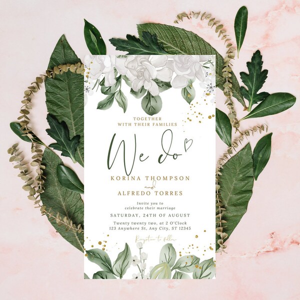 Wildflower Wedding Invitation Template, Printable Wedding Invitation, Greenery Invitation, White and Green Invitation, Floral Wreath