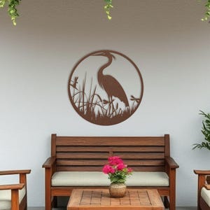 Blue Heron Metal Wall Art – Coastal Bird Home Decor, Lake House Wall Hanging, Nature Scene Metal Sculpture for Indoor Outdoor Spaces