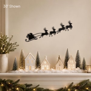 Jolly Santa Claus Sleigh with Flying Reindeer Christmas Metal Wall Sign, Small Holiday Decor, Classy Over the Fireplace Christmas Decor