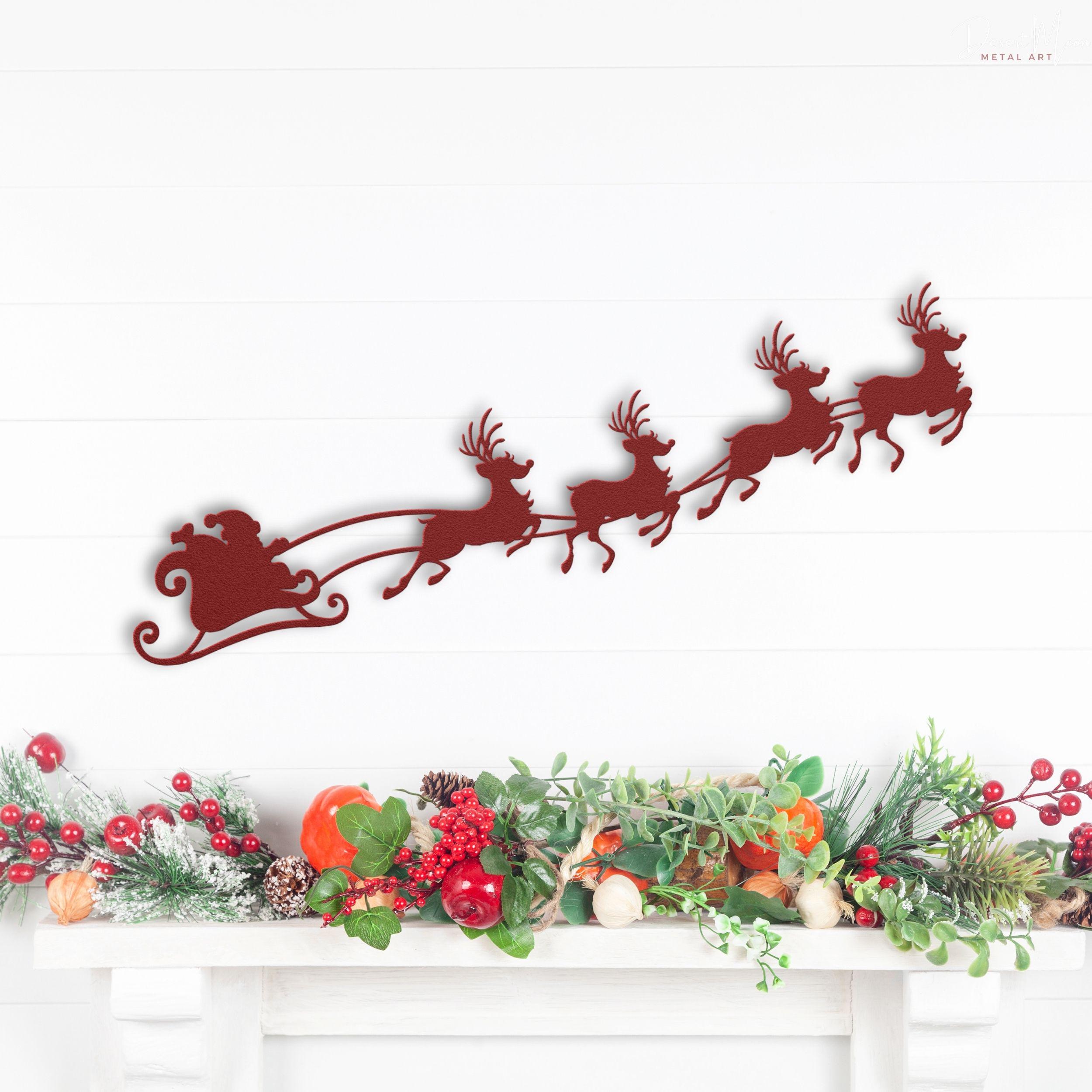 Santa Vintage Metal Merry Christmas Sign Santa & Sleigh Wall Hanging Decor 34 1/2”x16” main image 1
