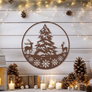 Woodland Winter Christmas Tree Metal Wall Art Snowy Wonderland Holiday Decor Reindeer Snowflakes Circle Metal Sign Fire Place Decorations