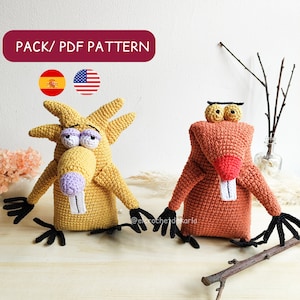 May include: Crochet pattern for two cartoon beavers, one yellow and one orange. The pattern is available in both Spanish and English. The pattern is for sale as a PDF download.