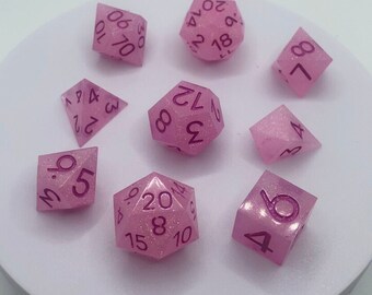 Uniquely Pink glow in the dark 9pc dice set inked and polished
