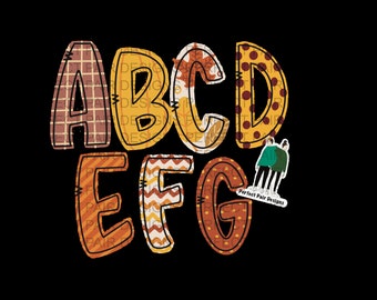 Può includere: Un design colorato dell'alfabeto con le lettere dalla A alla G. Ogni lettera presenta un motivo unico, tra cui quadri, pois e motivi di foglie autunnali. Le lettere sono delineate in nero su sfondo nero.