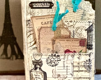 Handmade French Journal: Vintage Ephemera , Fabric Covered