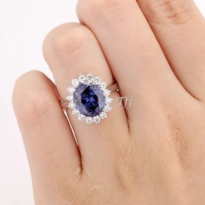 14k Gold Real Blue Sapphire Handmade Ring Engagement Ring With Halo Princess Diana Sapphire Ring Oval Women Anniversary Gift, Art Deco Ring