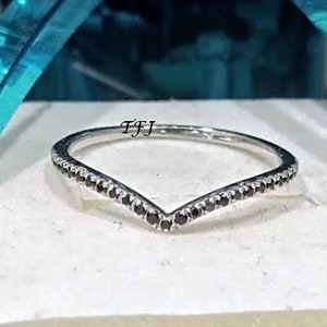 Black CZ Ring Cubic Zirconia Wedding Band, Sterling Silver White Gold Plated Curved Stacking Matching Band For Women Anniversary Gift Band