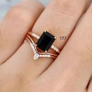 Emerald Cut Black Onyx Ring Set: Rose Gold Sterling Silver Bridal Jewelry