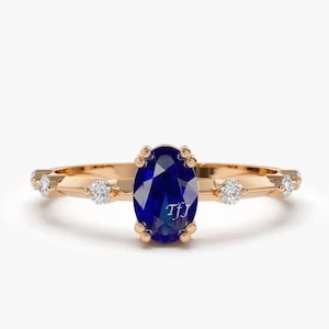 Genuine Blue Sapphire Ring, Floating Diamond Ring, Oval Sapphire Ring, 14k Solid Gold Ring, September Birthstone Ring, Jewelry Gift for Her