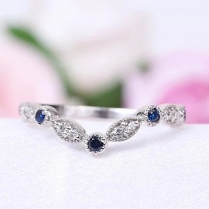 Curved Sapphire Wedding band White Gold Wedding Band, Woman September Birthstone Matching Ring, Diamond Stacking Ring Handmade promise Bands