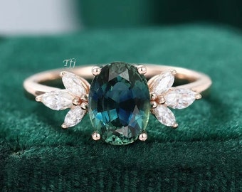 Oval blue green sapphire engagement ring vintage Handmade Cluster rose gold engagement ring, women Marquise diamond wedding moissanite rings