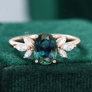 Handmade Oval Teal Sapphire Engagement Ring: Rose Gold Cluster, Sterling Silver