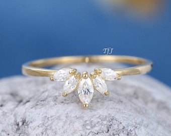 Curved wedding band Yellow gold Marquise cut Diamond wedding band simple Vintage Unique Moissanite Matching Stacking Bridal Anniversary band