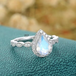 Pear Moonstone Engagement Ring: Vintage Style, Sterling Silver