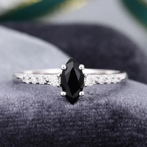 Black Onyx Marquise cut Engagement Ring, 14k White Gold, Marquise Black Engagement Ring, Hidden halo Site Stone Moissanite Ring, Lovely Ring