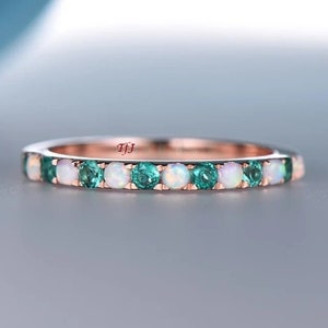 Half Eternity Opal Emerald Band, Opal Wedding Ring, Rose Gold Ring, Emerald Wedding Band, Birthstone Ring,Anniversary Gift Band,Gift for Her