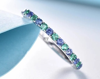 Alianza de boda de plata de ley con zafiro esmeralda: Anillo de promesa Art Déco