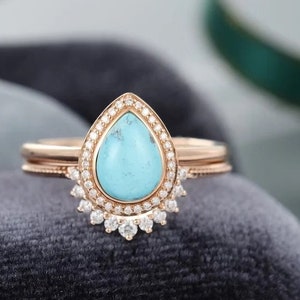Turquoise and moissanite Ring Set, Pear cut turquoise and brilliant cut moissanite Ring, Bridal Promise ring Set ,  Anniversary gift for her