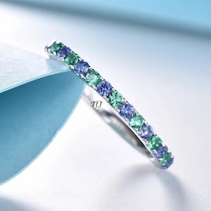 Emerald Sapphire wedding band half eternity art deco emerald ring 14k white gold gemstone promise bridal matching band May birthstone Bands