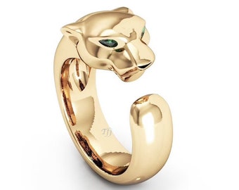 Anello con pantera, anello con pantera dagli occhi verdi, anello con giaguaro, anello fatto a mano da uomo, anello con ispirazione animale, anello antico, anello con leopardo, anello con animale in argento