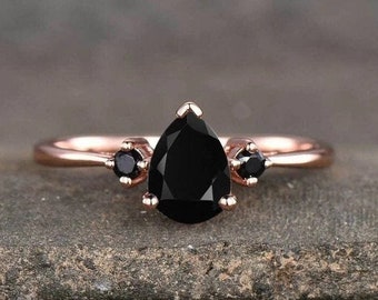 Genuine Black Spinel Pear Cut Ring, Three-Stones Ring Engagement Ring - Anniversary Gift 14K Solid Rose Gold Women's Anniversary Gift Ring