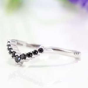 Unique Curved Black Diamond Wedding Ring, Vintage Black Diamond Wedding Band Ring, Antique Bridal Ring, Matching Band, Anniversary Gift Band