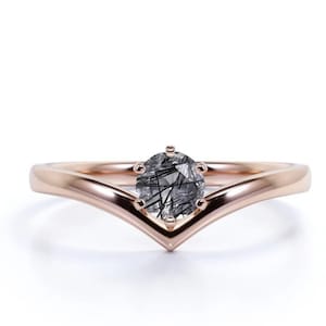 Vintage Black Rutilated Quartz Ring, 14k Rose Gold Round Cut Ring, Art Deco Ring For Women, Unique Curved Ring, Promise Ring, V Shaped Ring