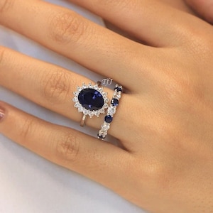 Antique Style Oval & Round Simulated Blue Sapphire CZ 925 Sterling Silver Wedding Ring Set, Oval Cut Sapphire Ring Set, Handmade Ring Sets