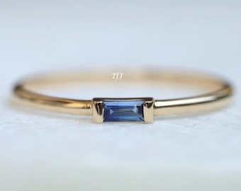 Rose Gold Blue Sapphire Baguette Ring, Sapphire Stacking ring, Baguette Handmade Ring, Dainty Ring, Gift for Her, Sterling 925 Silver Rings