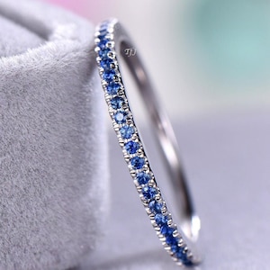 Bague de mariage demi-topaze bleue éternité, bague topaze bleue Alliance pour femme en or blanc 14 carats pavé, alliances cadeau d&#39;anniversaire