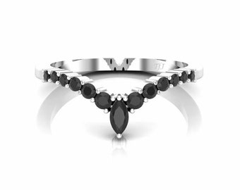 Marquise Black Onyx Sterling Silver Wedding Ring: Rose Gold Moissanite Band