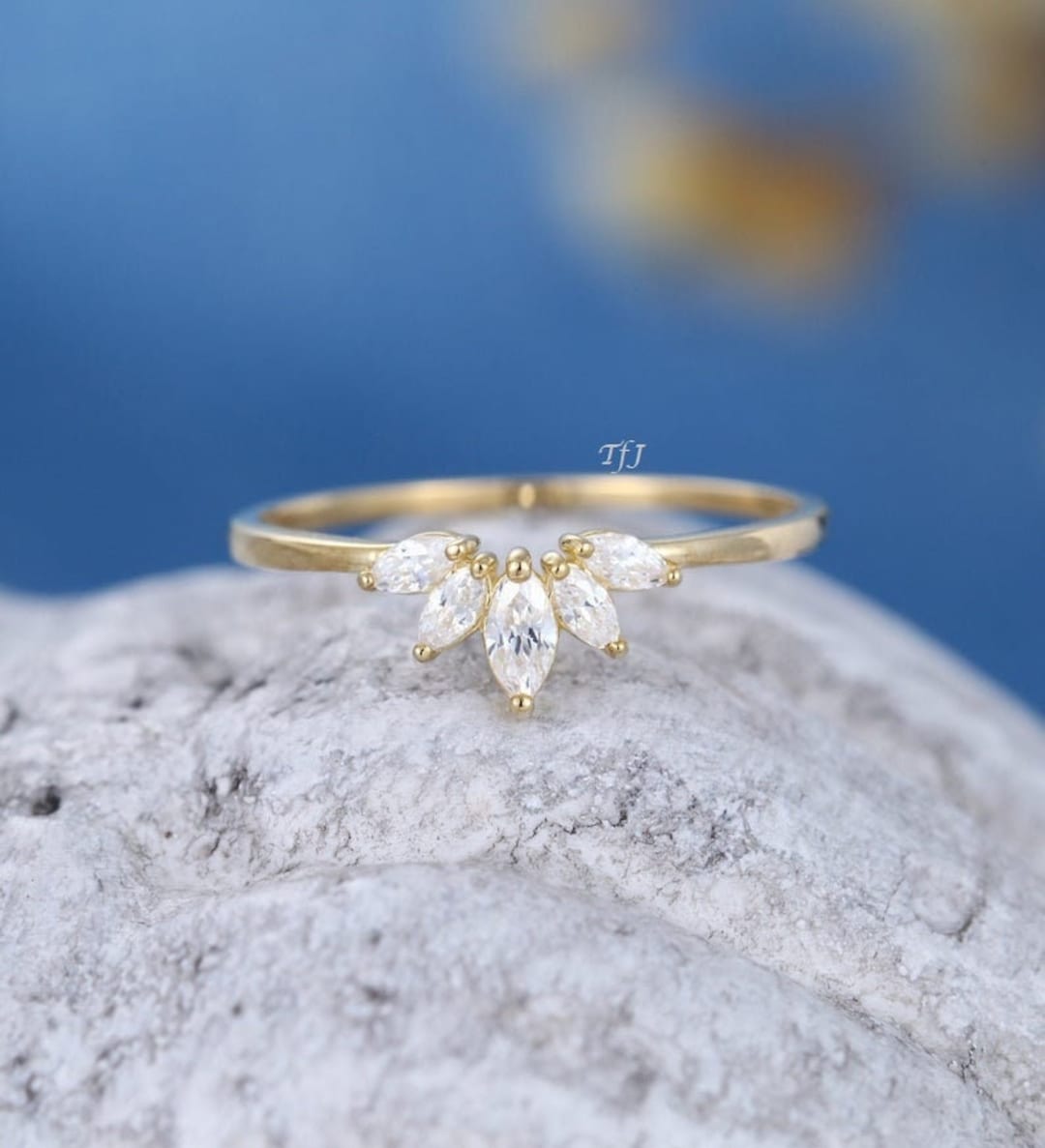 Curved Wedding Band Yellow Gold Marquise Cut Diamond Wedding Band