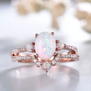 Oval White Opal Engagement Ring Set: Rose Gold Sterling Silver Bridal